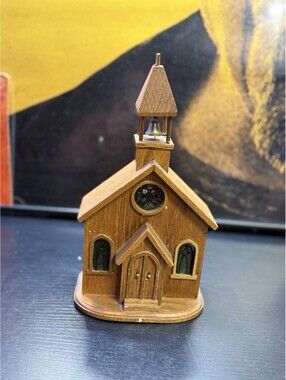 eBay title: Vintage George Good Wooden Church Music Box Bell Stained Glass 10”